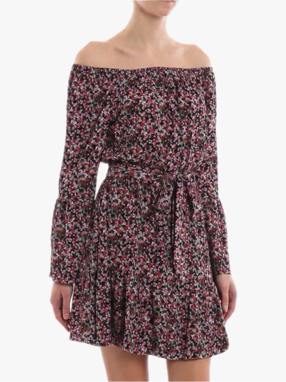 MICHAEL Michael Kors Off Shoulder Floral Belted Mini Boho Bell Sleeve Dress Sz L